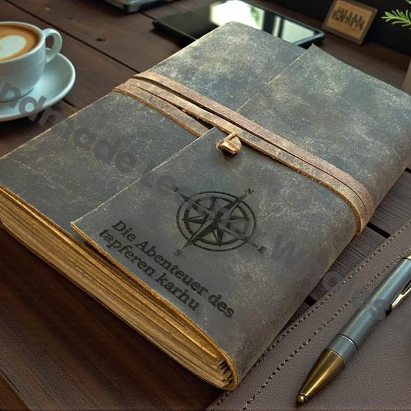 Custom Engraved Full Grain Rustic Leather Journal Notebook – Handmade Travel Writing Diary with Strap