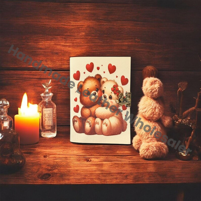 Cute Teddy Bear Couple Journal | Love Diary | Handmade Leather Journal | Romantic Gift for Girlfriend Boyfriend | Valentine Gift Notebook