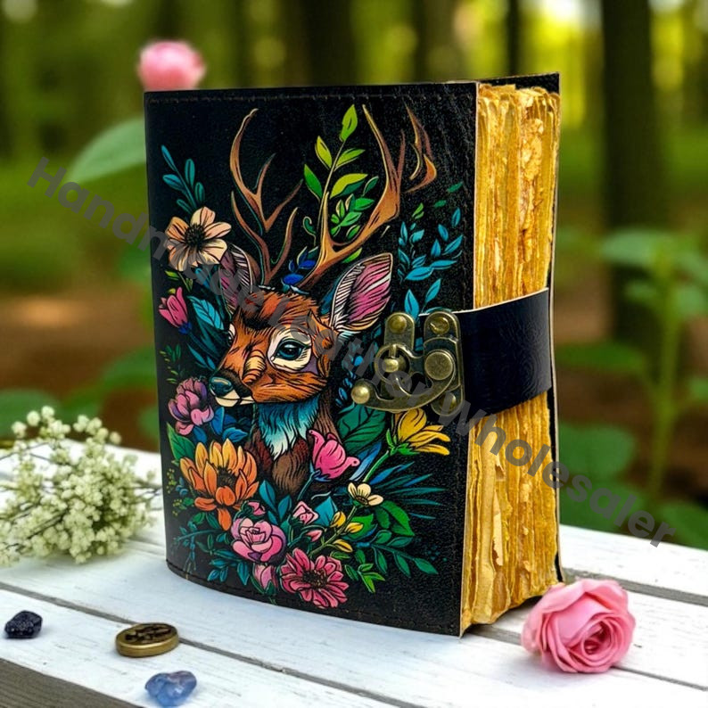 Deer Leather Journal – Handmade Deckle Edge Grimoire, Cottage core Spell Book, Vintage Witchcraft Wiccan Pagan Gothic Gift