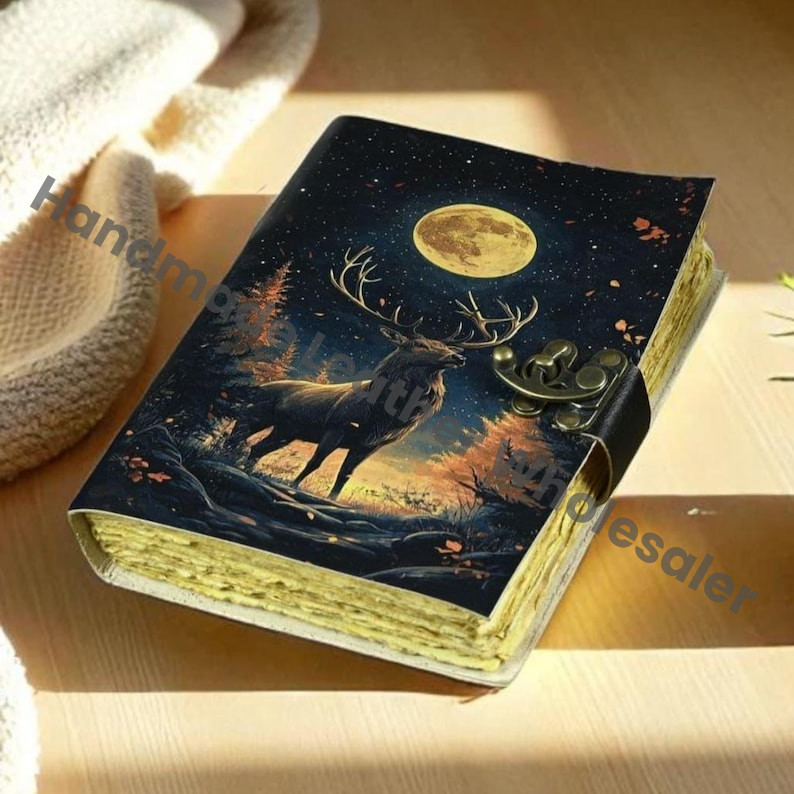 Deer Print Leather Journal: Handmade Book of Shadows, Grimoire with Deckle Edge Paper