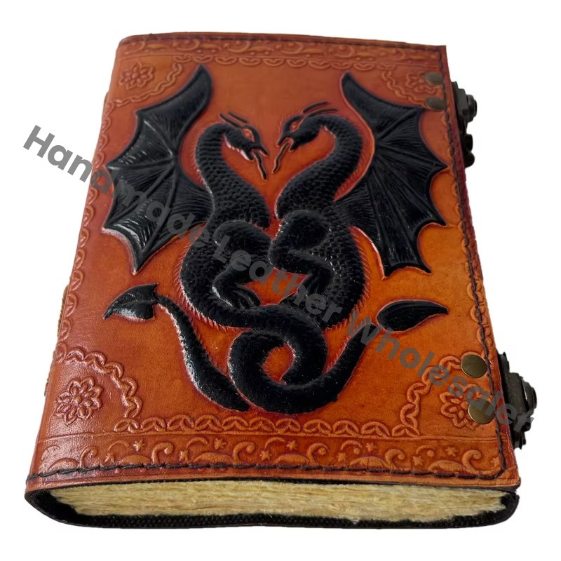 DND Celtic Wiccan Address Book Writing Vintage Leather Book Eco-friendly Paper Black Orange Dragon Handmade Deckle Art Gift