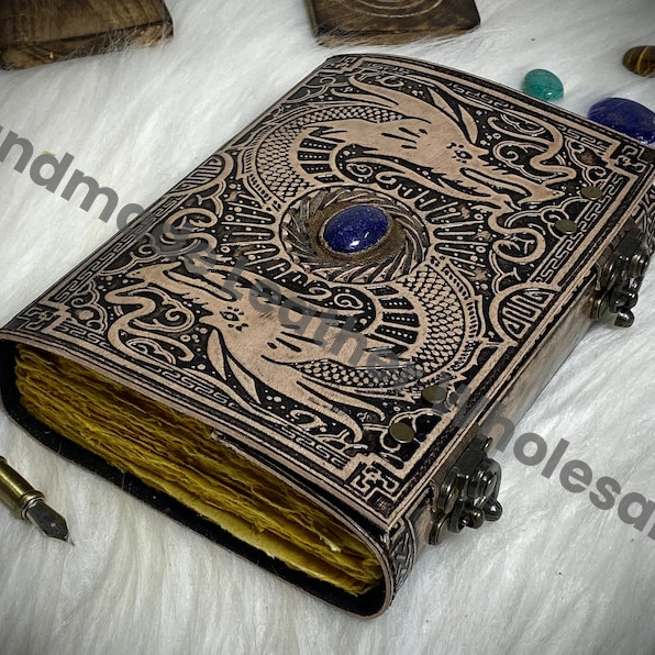 Double Dragon Leather Journal: Handmade Gothic Grimoire with Antique Deckle Paper