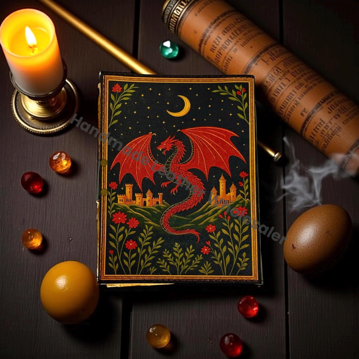 Dragon Grimoire Leather Journal – Handmade Deckle-Edge Book of Shadows with Key, Witchcraft Spellbook, Wiccan Pagan Gothic Gift