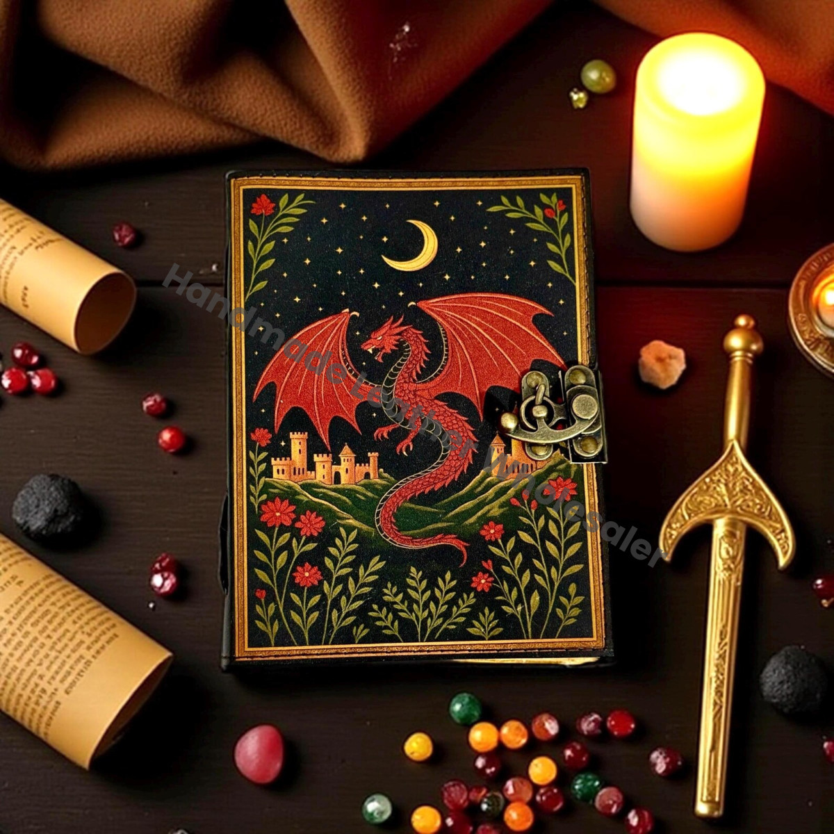 Dragon Grimoire Leather Journal – Handmade Deckle-Edge Book of Shadows with Key, Witchcraft Spellbook, Wiccan Pagan Gothic Gift