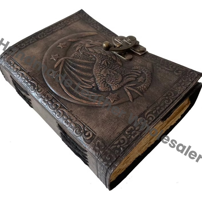 Dragon Moon Vintage Lock Handmade Leather Hardcover Journal with Eco-friendly Paper Custom Logo Gift Option-Travel Drawing Diary