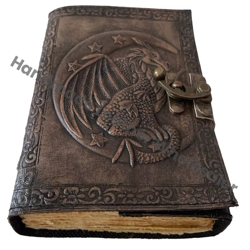 Dragon Moon Vintage Lock Handmade Leather Hardcover Journal with Eco-friendly Paper Custom Logo Gift Option-Travel Drawing Diary