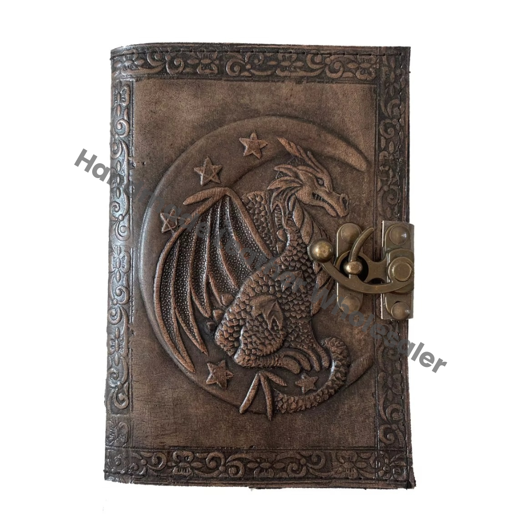 Dragon Moon Vintage Lock Handmade Leather Hardcover Journal with Eco-friendly Paper Custom Logo Gift Option-Travel Drawing Diary