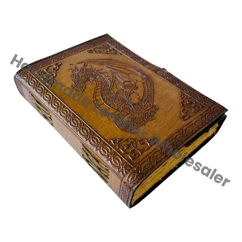 Dragon Vintage Leather Book of Spells Celtic Wiccan Journals for Writing Prop Charcoal Handmade Embossed Deckle Art Paper Diary