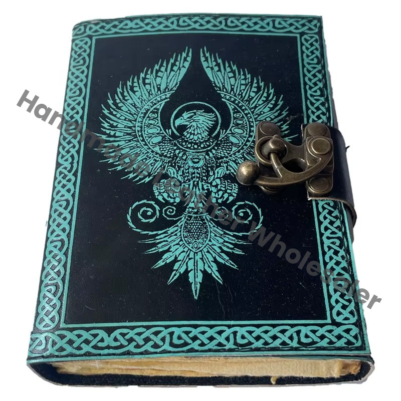Eagle Leather Journal Antique Deckle Edge Paper Book of Shadows Charmed Handmade Blue Embossed Vintage Sketchbook Planner