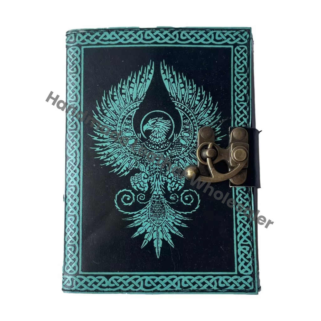 Eagle Leather Journal Antique Deckle Edge Paper Book of Shadows Charmed Handmade Blue Embossed Vintage Sketchbook Planner