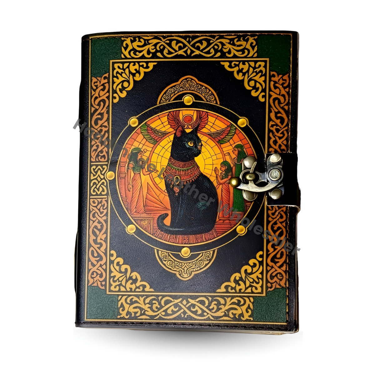 Egyptian Cat Leather Journal with Lock, Vintage Grimoire, Wiccan Pagan Spellbook, Witchcraft Gothic Notebook