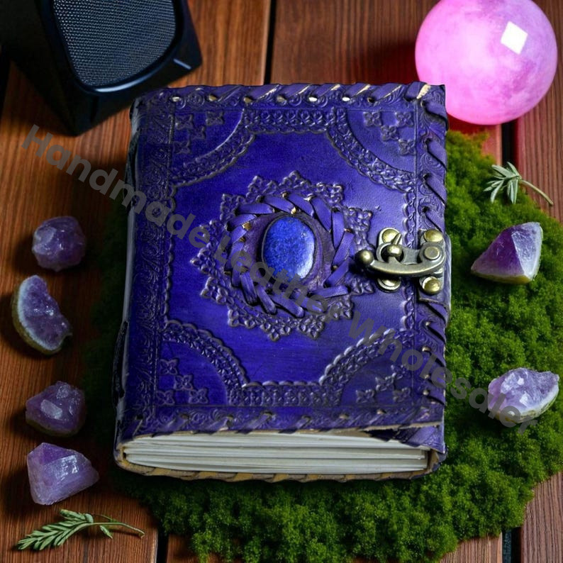 Embossed Leather Book of Shadows: Lapis Lazuli Stone Grimoire Journal