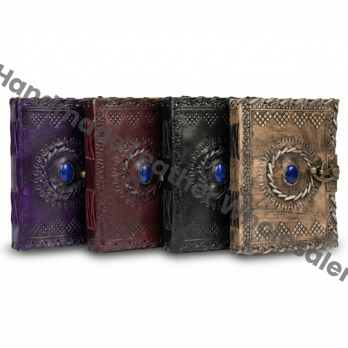 Embossed Leather Grimoire Journal: Lapis Lazuli Stone, Vintage Lock