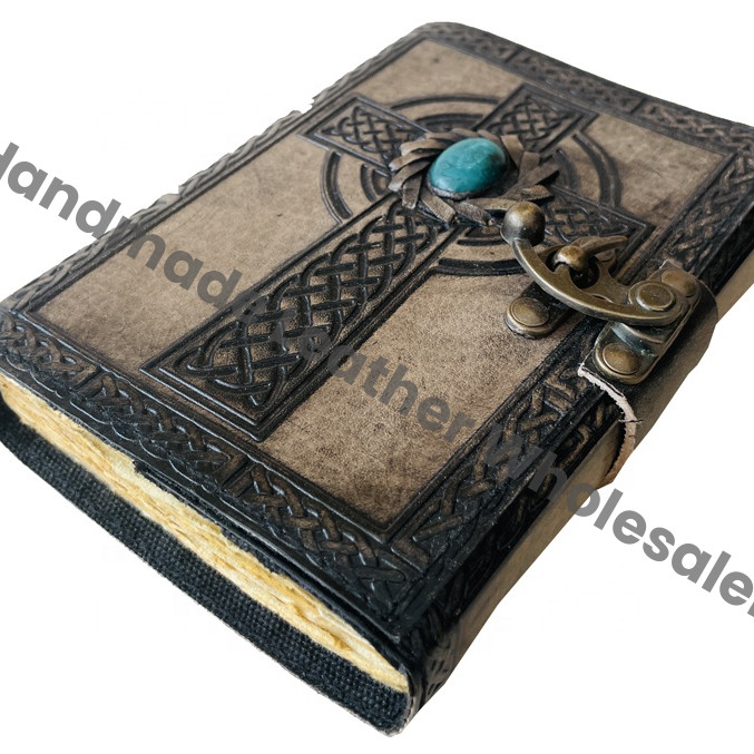 Embossed Leather Journal Antique Book of Shadows Celtic Cross Symbol Leather Notebook Non Refillable Journal With Antique Lock
