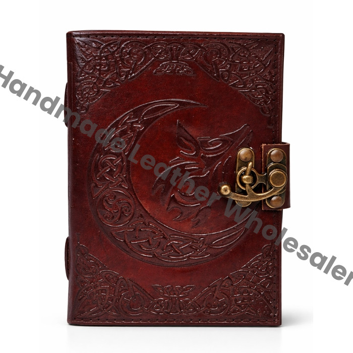 Embossed Leather Journal: Moon Wolf, Antique Lock, Handmade Leather Journal - , Antique Deckle edge Paper