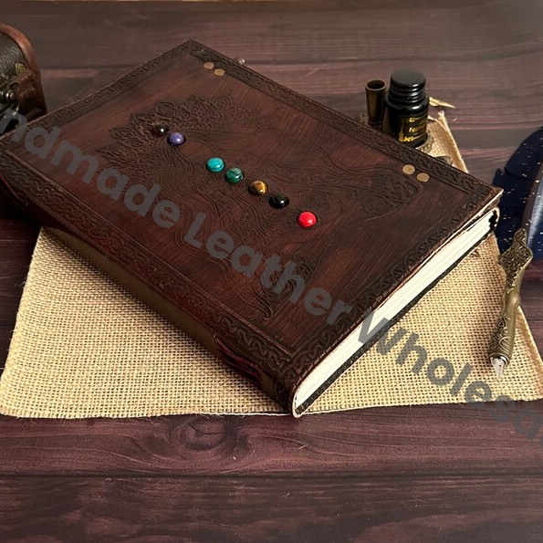 Embossed Leather Journal with Semi-Precious Stones, Handmade Writing Notebook