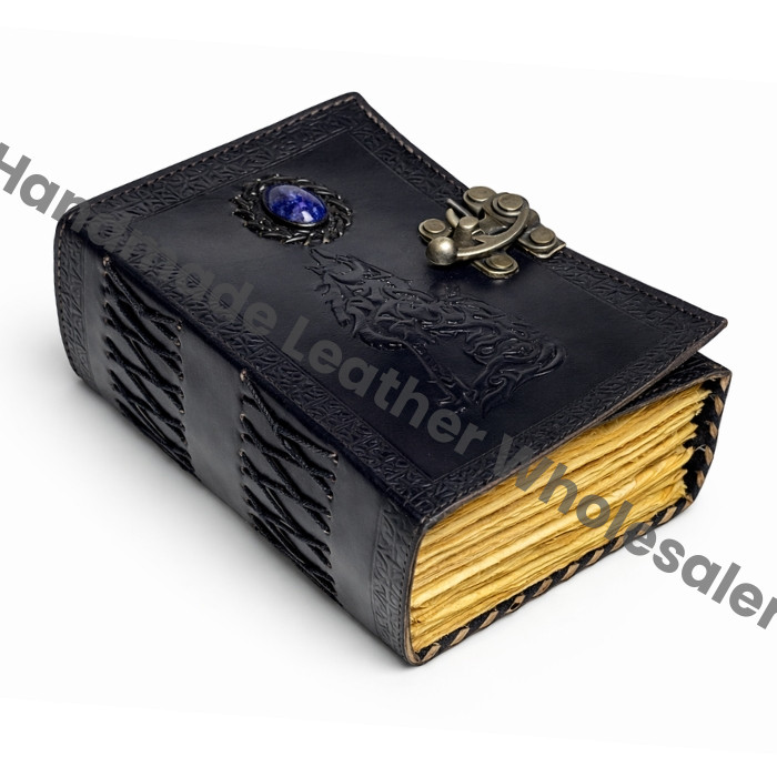 Embossed Wolf Leather Journal: Antique Stone Lock, Deckle Edge Paper