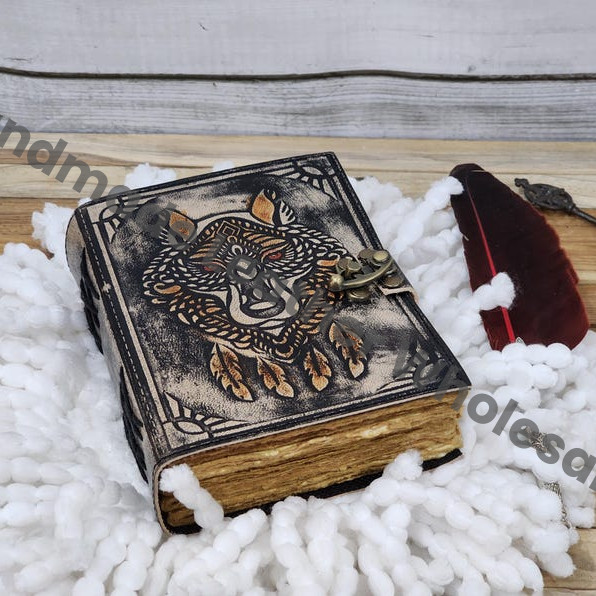 Embossed Wolf Leather Journal, Book of Shadows, Brass Lock