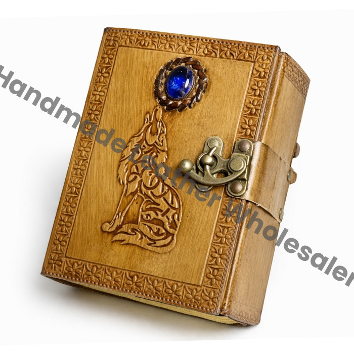 Embossed Wolf Leather Journal: Lapis Lazuli Stone, Antique Deckle Edge Paper