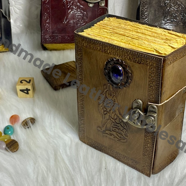 Embossed Wolf Leather Journal: Lapis Lazuli Stone, Antique Deckle Edge Paper