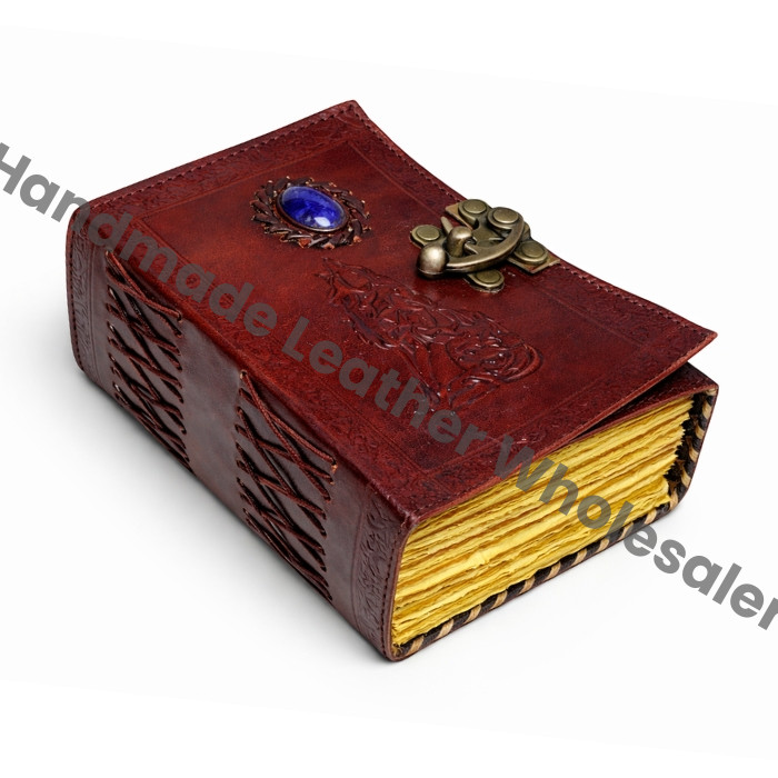 Embossed Wolf Leather Journal: Lapis Lazuli Stone, Antique Paper