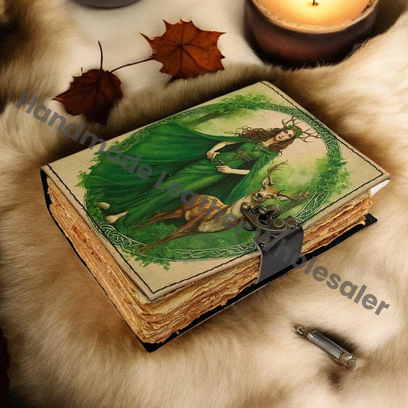 Enchanted Forest Goddess Leather Journal – Vintage Deckle Pages, Celtic Nature Diary, Handmade Witchy Grimoire, Deer Spirit Art Notebook