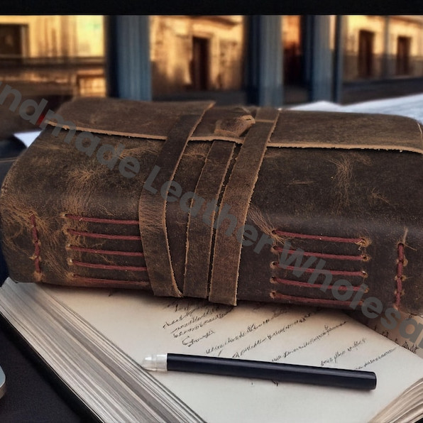 Extra Large Handmade Leather Journal - Vintage Bound Notebook - Grimoire, Writing Notebook, Rustic Deckle Edge Paper.