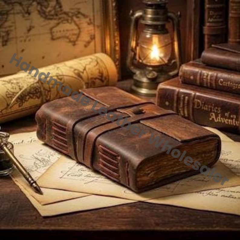 Extra Large Handmade Leather Journal - Vintage Bound Notebook - Grimoire, Writing Notebook, Rustic Deckle Edge Paper.