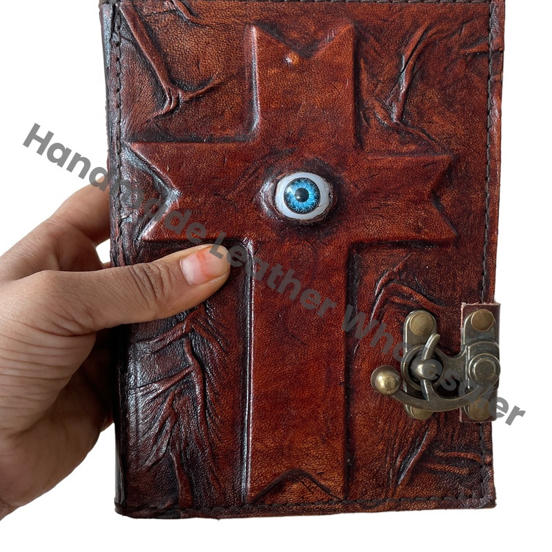 Eye Leather Antique Handmade Deckle Edge Paper Cross Brown Vintage Hardcover Journal Sketchbook Book Charmed Spell Wiccan