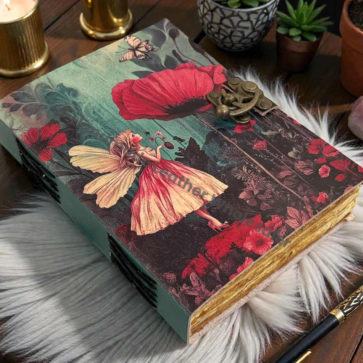 Fairy Flower Vintage Leather Grimoire Notebook –Blank spell Book of Shadows - Witchcraft Magic -Wiccan Pagan diary for Writers