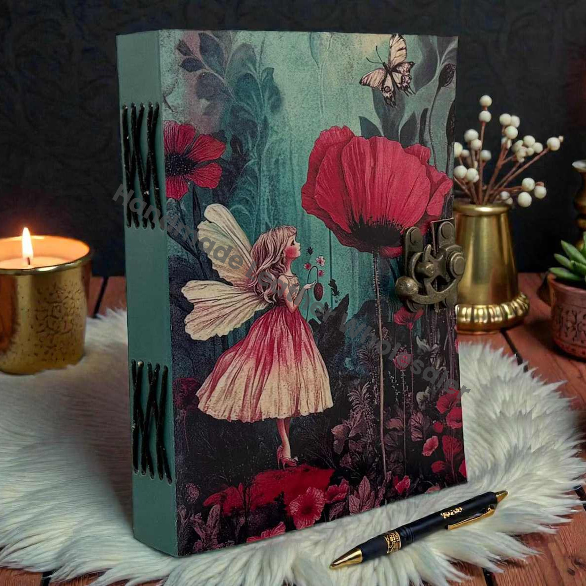Fairy Flower Vintage Leather Grimoire Notebook –Blank spell Book of Shadows - Witchcraft Magic -Wiccan Pagan diary for Writers