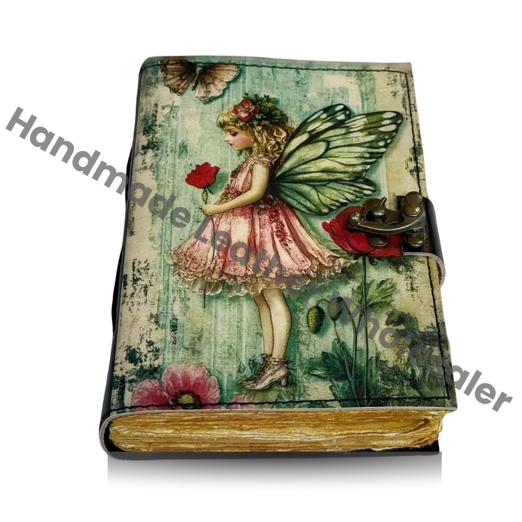 Fairy Leather Grimoire Journal – Handmade Book of Shadows with Lock