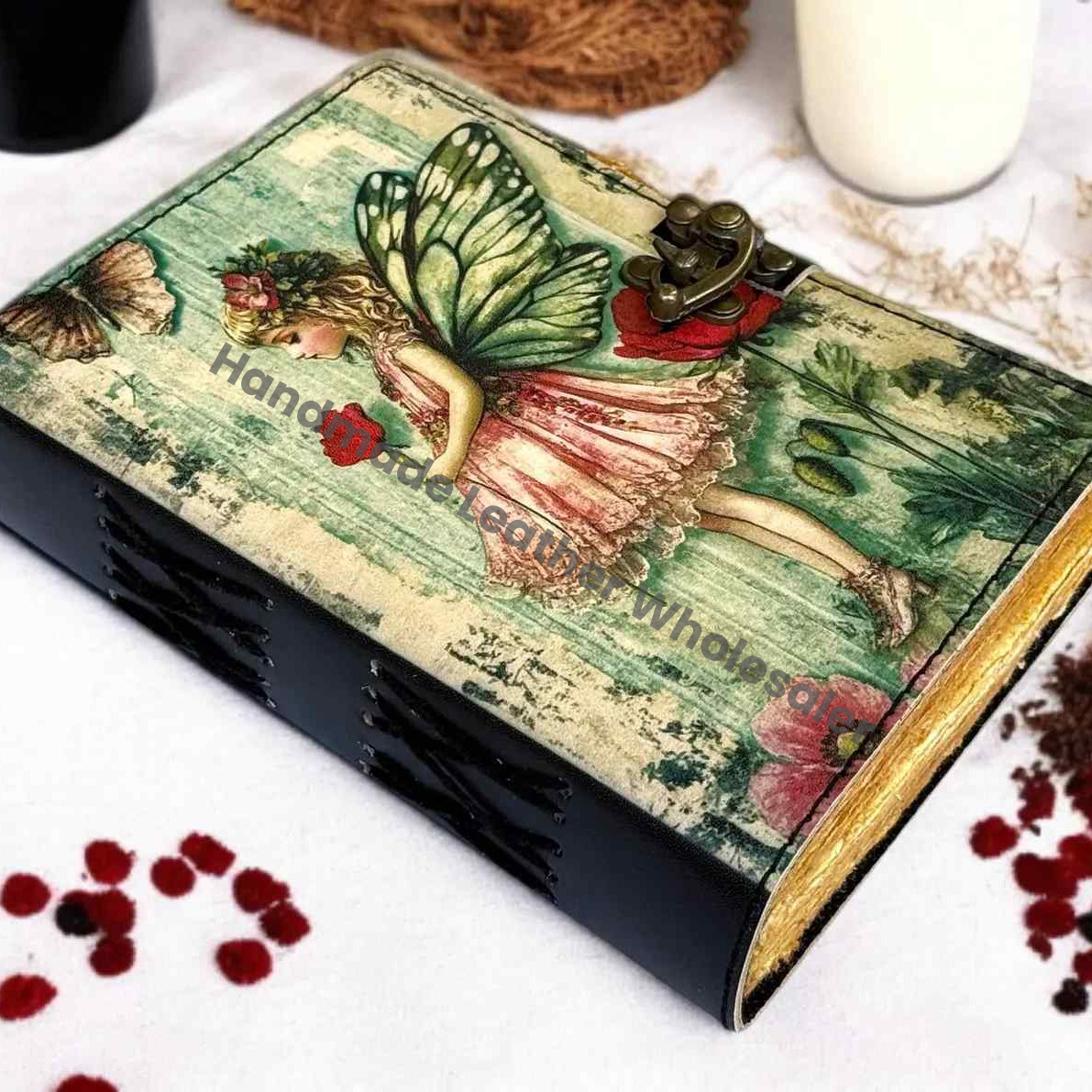 Fairy Leather Grimoire Journal – Handmade Book of Shadows with Lock