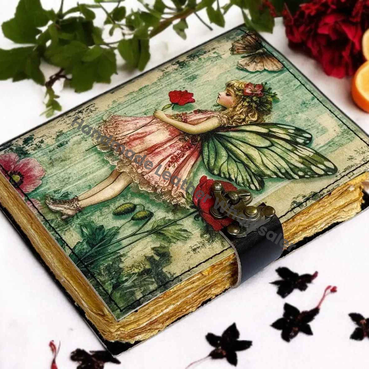 Fairy Leather Grimoire Journal – Handmade Book of Shadows with Lock