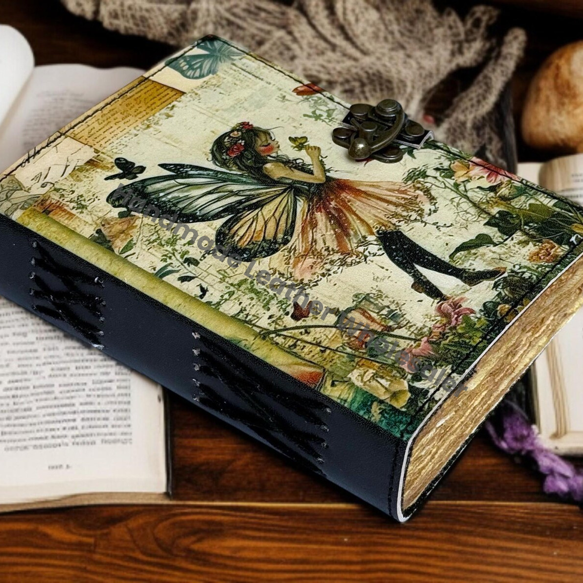 Fairy Leather Journal – Handmade Grimoire, Book of Shadows with Lock