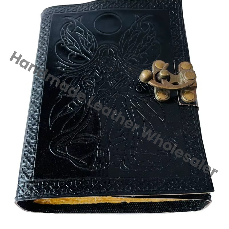 Fairy Leather Journal Vintage Book Spells Sun Moon Women Celtic Writing Black Handmade Embossed Deckle Art Paper Gift