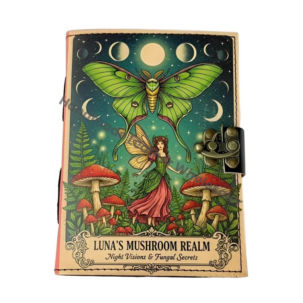 Fairy Luna Moth Leather Grimoire Book of Shadows with Lock, Witchcraft Journal, Spell Book, Wiccan Notebook