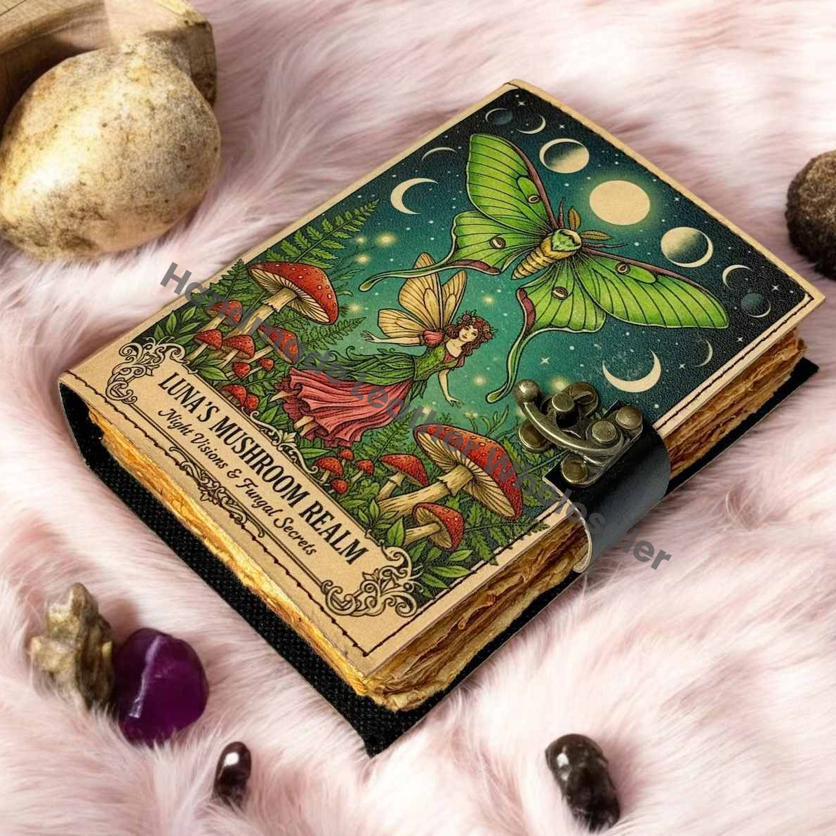 Fairy Luna Moth Leather Grimoire Book of Shadows with Lock, Witchcraft Journal, Spell Book, Wiccan Notebook