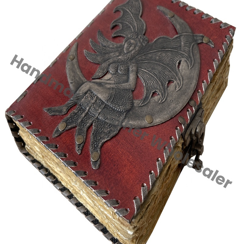 Fairy Moon Leather Journals Antique Charcoal Embossed Vintage Grimoire Large Pages Deckle Edge Paper Book Spell Sketchbook Gift