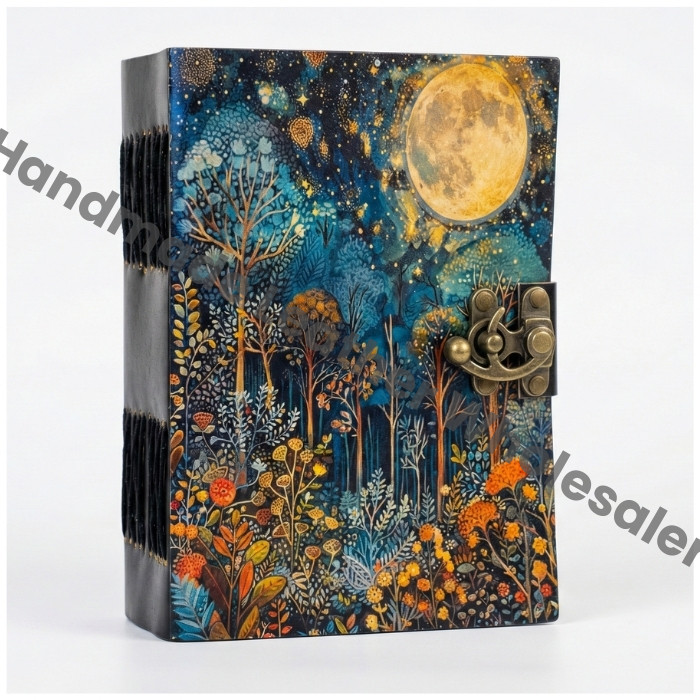 Fairy Night Leather Grimoire | Moon & Tree of Life Design, Handmade Spell Book of Shadows, Vintage Deckle Paper