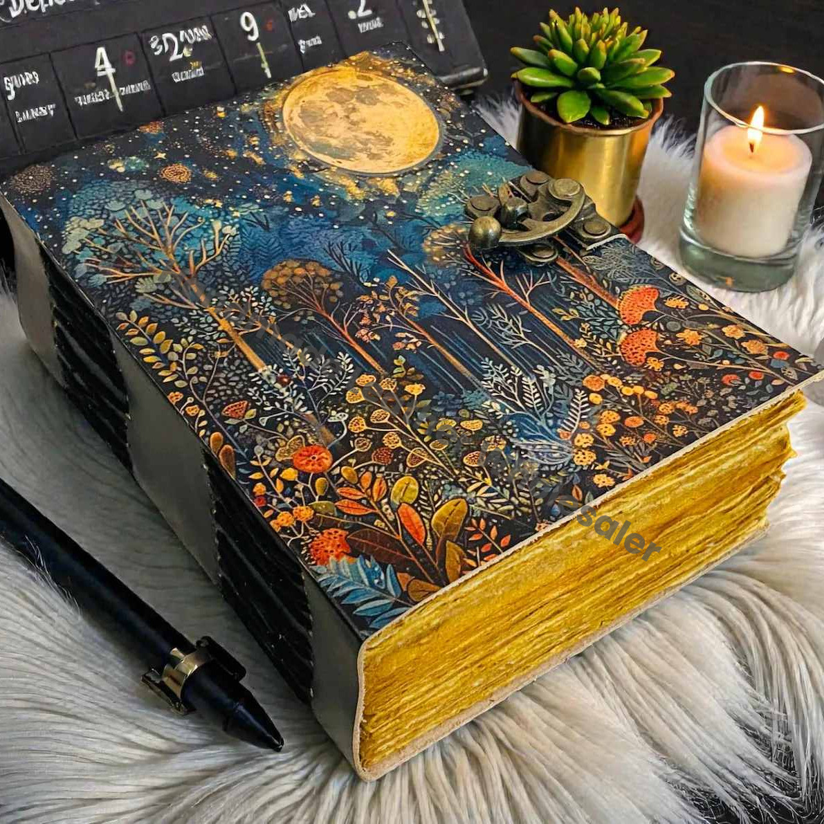 Fairy Night Leather Grimoire | Moon & Tree of Life Design, Handmade Spell Book of Shadows, Vintage Deckle Paper