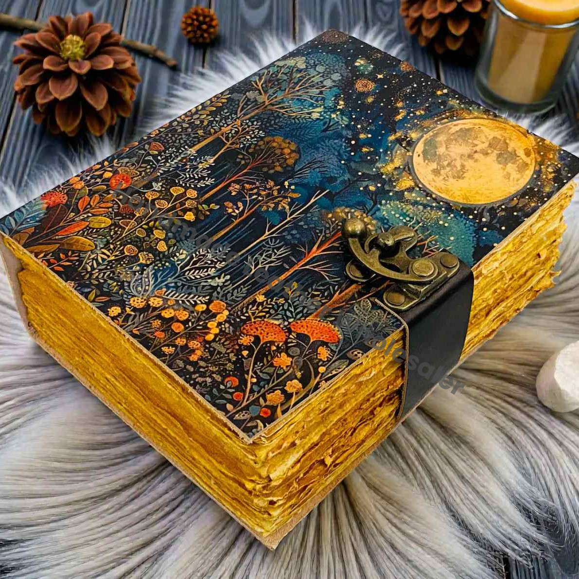 Fairy Night Leather Grimoire | Moon & Tree of Life Design, Handmade Spell Book of Shadows, Vintage Deckle Paper
