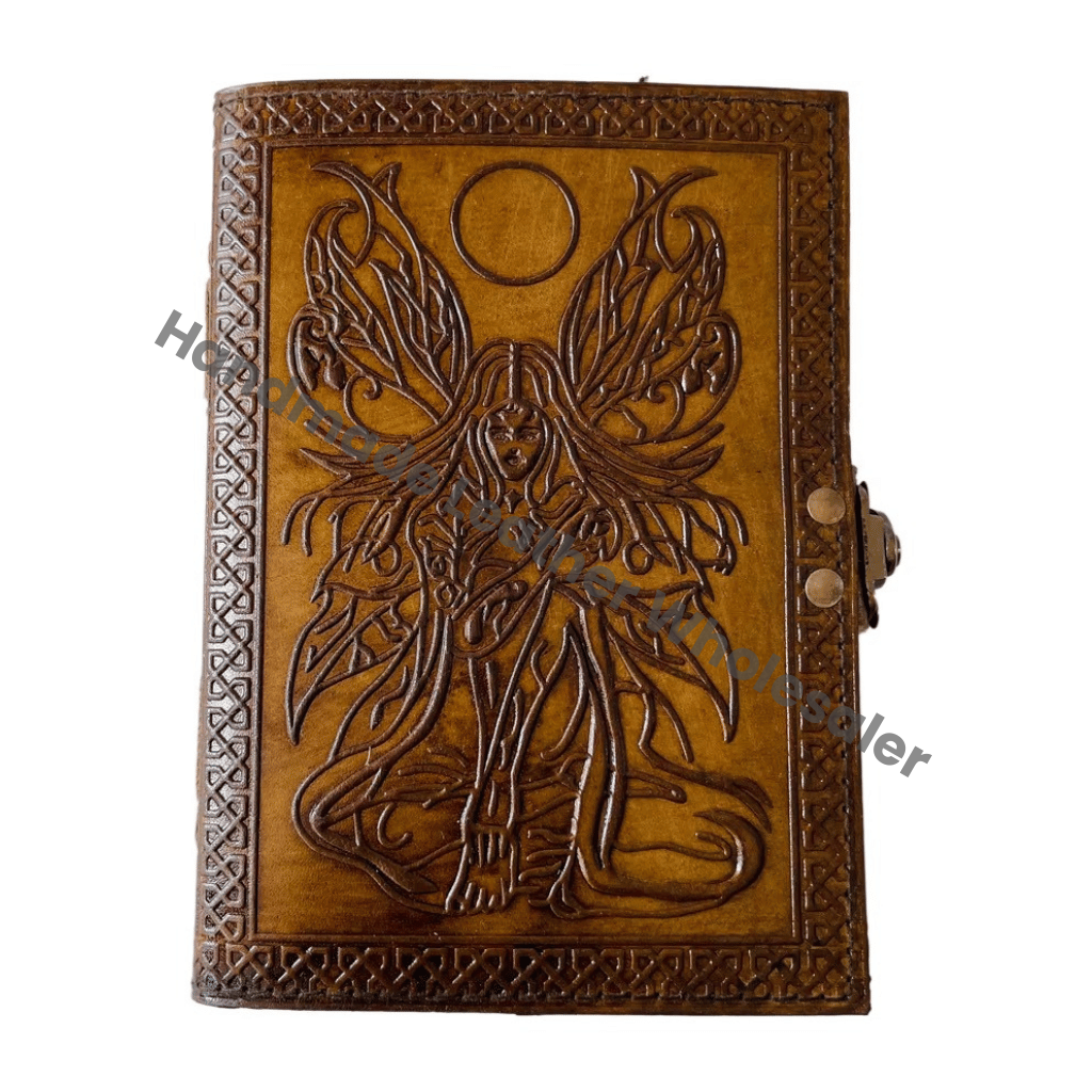 Fairy Women Vintage Leather Book of Spells Celtic Wiccan Journals for Writing Prop Charcoal Handmade Embossed Deckle Art