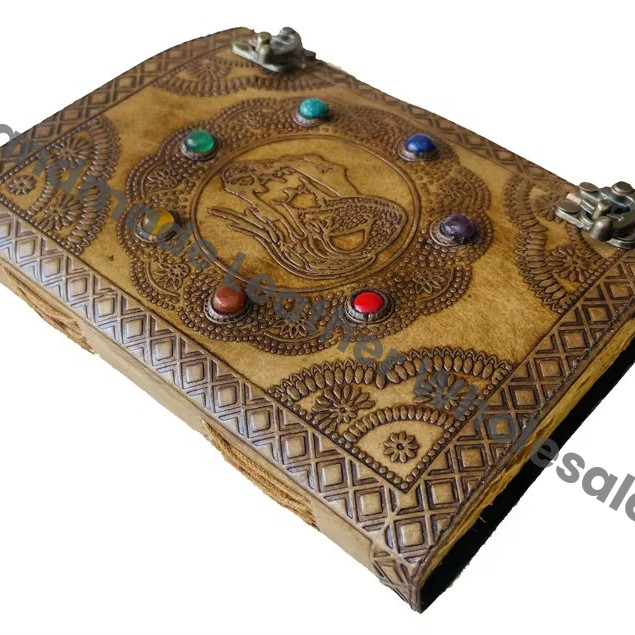 Fantasy Mermaid Grimoire Book Embossed Handmade Leather Journal with Seven Stone Sketchbook Spiral Bound for Gift