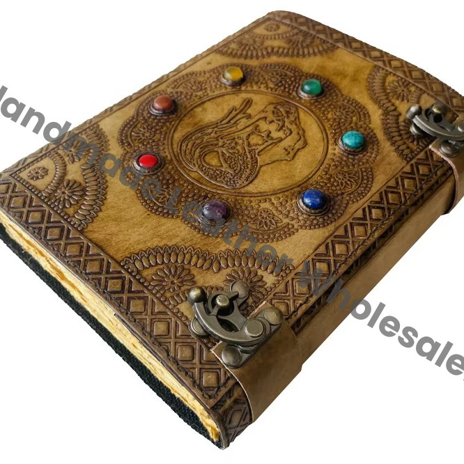 Fantasy Mermaid Grimoire Book Embossed Handmade Leather Journal with Seven Stone Sketchbook Spiral Bound for Gift