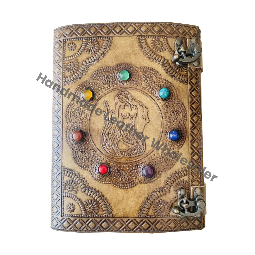 Fantasy Mermaid Grimoire Book Embossed Handmade Leather Journal with Seven Stone Sketchbook Spiral Bound for Gift