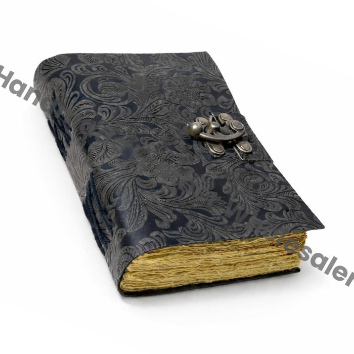 Floral Black Leather Grimoire Journal: Handmade Spellbook with Deckle Edge Paper