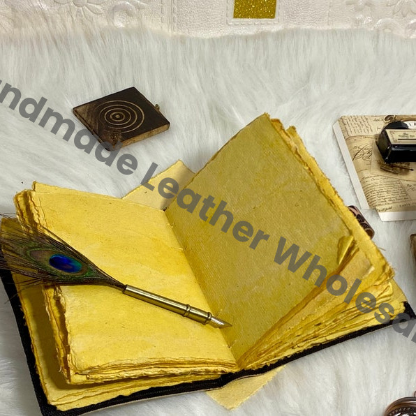 Floral Black Leather Grimoire Journal: Handmade Spellbook with Deckle Edge Paper