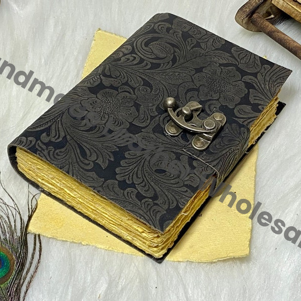 Floral Black Leather Grimoire Journal: Handmade Spellbook with Deckle Edge Paper