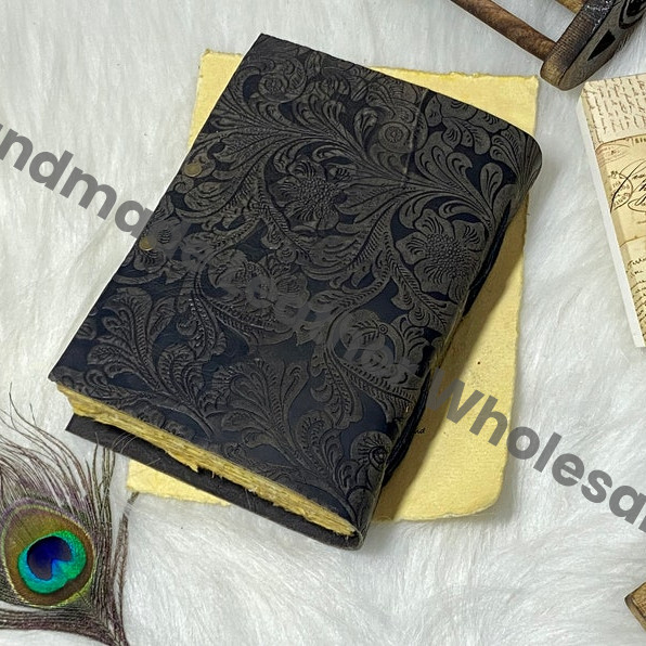 Floral Black Leather Grimoire Journal: Handmade Spellbook with Deckle Edge Paper
